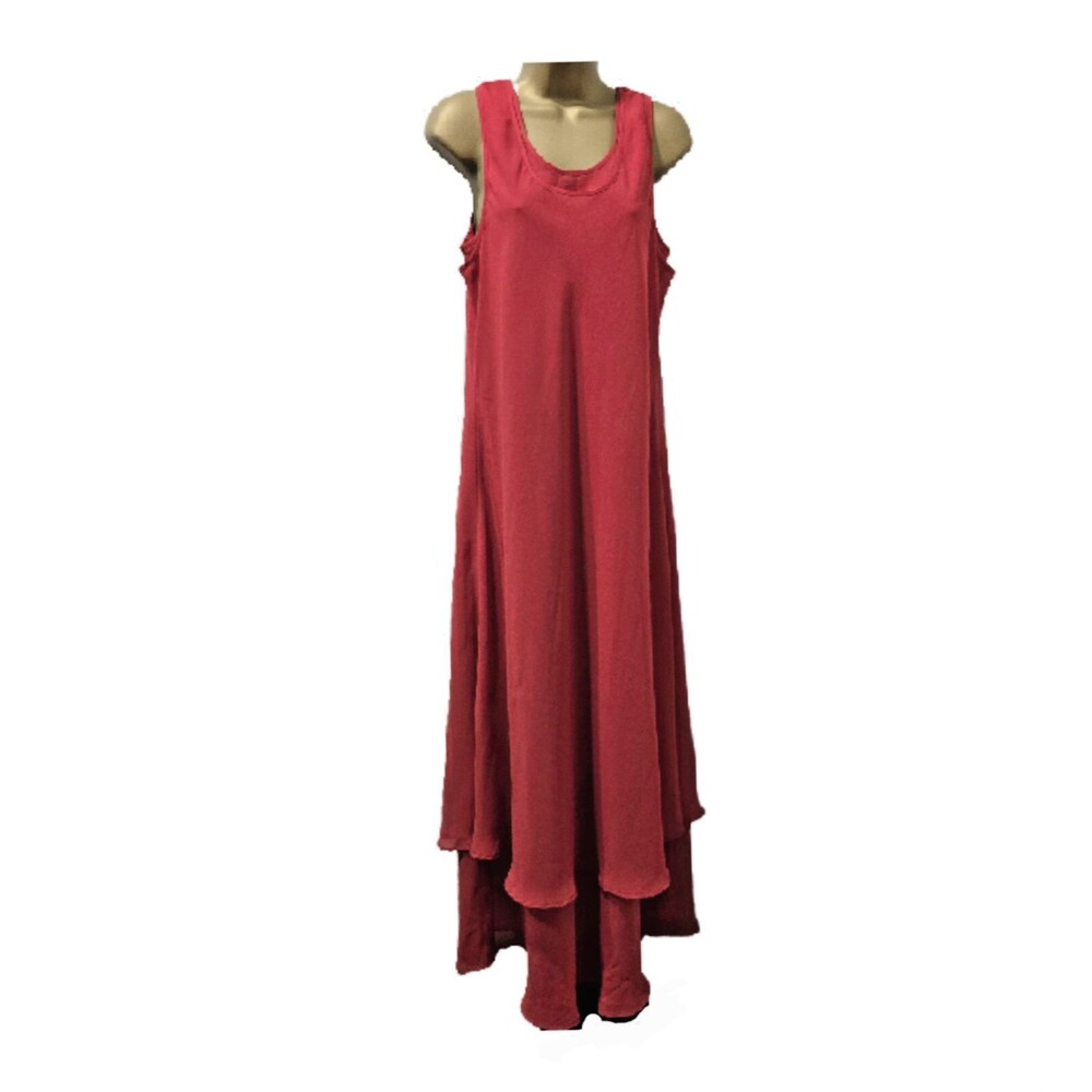 Vtg 90s Red Chiffon Maxi Dress Lge Sleeveless Lagenlook Flowy Tiered Cocktail